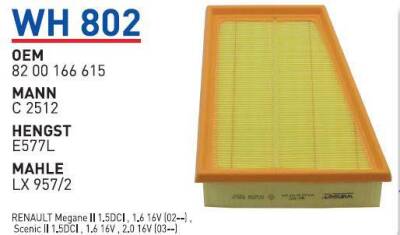 8200166615 Renault Megane Iı Hava Filitresi Wunder - WUNDER